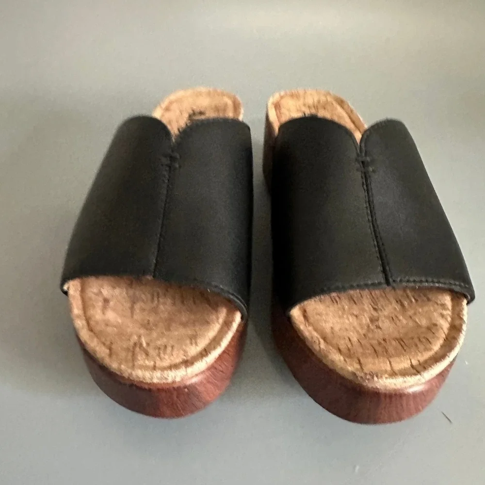 Alegria by PG Lite Black Leather Platform Slide Sandals Wood Grain Wedge Size 6